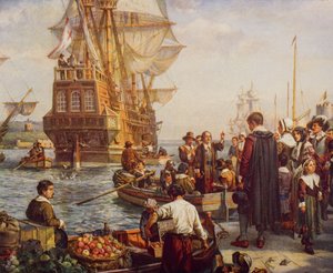 The Departure of the Pilgrim Fathers i 1620, illustrasjon fra 