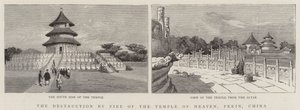 The Destruction by Fire of the Temple of Heaven, Pekin, Kina (gravering) av English School