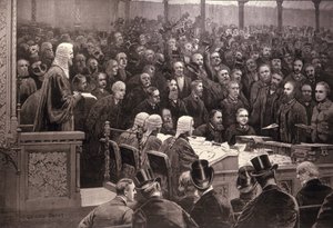 Divisjonen i Underhuset på spørsmålet om det irske hjemmestyre, 'The Ayes; 311, Noes; 341', fra 'The Illustrated London News', 6. desember 1886 av English School