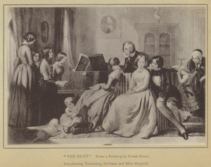 Duetten, fra et maleri av Frank Stone, introduserer Tennyson, Dickens og Miss Hogarth (litho) av English School