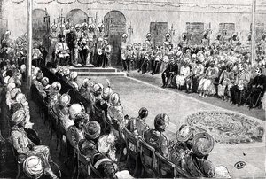 The Durbar at Rawul Pindi (gravering) (s/hvitt bilde) av English School