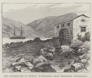 Jordskjelvet i Hellas, vannmølle nær Argostoli, Cephalonia (gravering) av English School