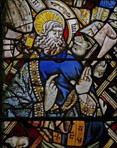 Østvinduet (Ew) som viser en profet (sammensatt figur) med juveler av innfelt farget glass av English School