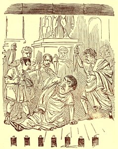 The End of Julius Caesar, illustrasjon fra The Comic History of Rome av Gilbert Abbott a Beckett, utgitt ca. 1850 (digitalt forbedret bilde) av English School