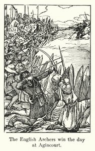 De engelske bueskytterne vinner dagen på Agincourt (litho) av English School