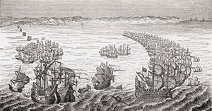 Den engelske flåten, kommandert av Sir Francis Drake, angrep den spanske armadaen i 1588, fra 