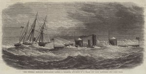 The Federal Ironclad Monadnock sleper en funksjonshemmet pistolbåt i en storm utenfor Cape Hatteras (gravering) av English School