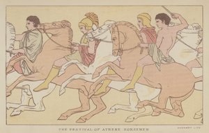 Festivalen av Athene, ryttere (farge litho) av English School