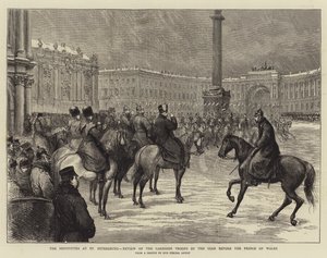 Festlighetene i St. Petersburg, gjennomgang av garnisontroppene av tsaren før prinsen av Wales (gravering) av English School