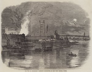 The Fire at Broadwoods' Pianoforte Manufactory, sett fra Vauxhall Bridge (gravering) av English School