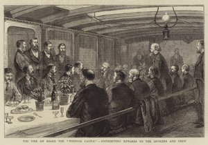 Brannen om bord på "Windsor Castle", som deler ut belønninger til offiserene og mannskapet (gravering) av English School