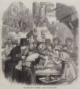 The First Day of Oysters, en London Street Scene (gravering) av English School