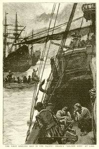 Det første engelske skipet i Stillehavet: Drakes Golden Hind ved Lima av English School