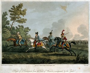 The Flight of Bonaparte (1769-1821) fra feltet Waterloo i 1815, 1817 (akvatint) av English School