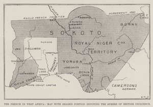 Franskmennene i Vest-Afrika, kart med skyggelagt del som angir sfæren for britisk innflytelse (litho) av English School