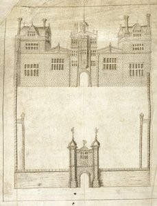 The Front of Wilton House, detalj fra Survey of Lands for 1st Earl of Pembroke, 1566 (penn og blekk på vellum) av English School