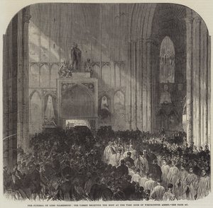 Begravelsen til Lord Palmerston, presteskapet som mottar liket ved vestdøren til Westminster Abbey (gravering) av English School