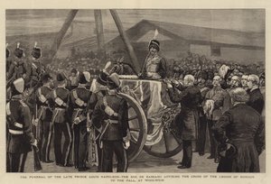 Begravelsen til avdøde prins Louis Napoleon, hertugen de Bassano, som fester æreslegionens kors til Pallen, i Woolwich (gravering) av English School