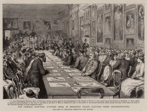 Generalvalget, skotske jevnaldrende ved Holyrood Palace velger sine representanter (gravering) av English School