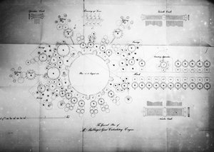 Den generelle planen til Mr Babbages Great Calculating Engine, gravert av Bolton, trykt av Lemercier Bernard & Co av English School