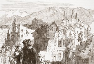Genevanerne ødelegger forstedene til byen deres, illustrasjon fra The History of Protestantism av James Aitken Wylie (1808-1890), pub. 1878 av English School
