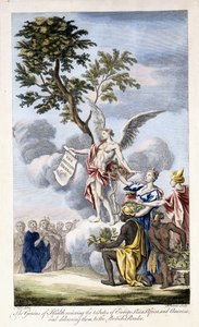 The Genius of Health mottar Europa, Asia, Afrika og Amerika og leverer dem til den britiske leseren, 1756-1757 av English School