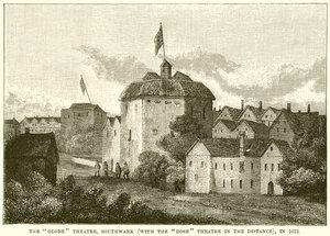 The Globe Theatre, Southwark (With the Rose Theatre in the Distance), i 1613 av English School