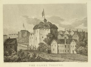 The Globe Theatre on the Bankside slik det så ut under James I (1566-1625) regjeringstid, etter en gravering ca. 1612, publisert 1810 av English School