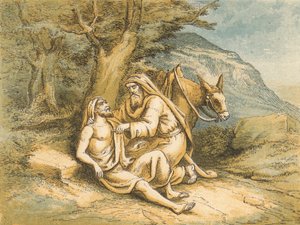 Den barmhjertige samaritan (farget gravering) av English School