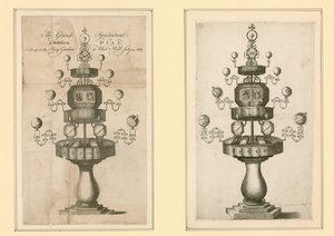 The Grand Pyramidical and Multiform Dial satt opp i Privy Garden i Whitehall, 24. juli 1669 av English School