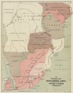 Det grafiske kartet over Sør-Sentral-Afrika som viser de britiske og tyske eiendelene (farge litho) av English School