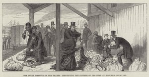 Den store katastrofen på Themsen, identifisering av de dødes klær ved Woolwich Dockyard (gravering) av English School