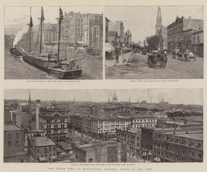 The Great Fire at Milwaukee, General Views of the City (gravering) av English School