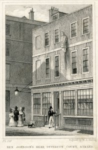 The Grecian Coffee House, Devereux Court, Strand, featuring a bust of Ben Johnson (engraving) av English School