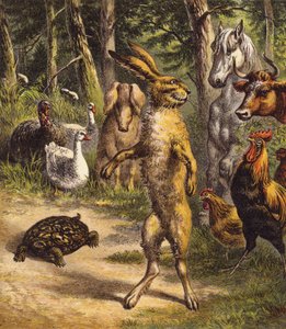 Haren og skilpadden (farge litho) av English School