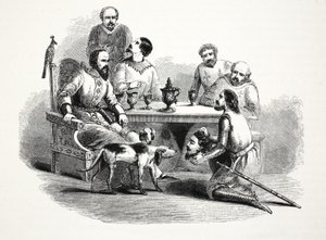 The Head of Llewelyn brakt til Edward på Conway Castle, pub. 1800-tallet (stålgravering) av English School