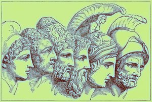 The Heroes of the Trojan War: Paris, Diomedes, Odysseus, Nestor, Achilles, Agamemnon, illustrasjon fra The Illustrated History of the World, utgitt ca. 1880 (digitalt forbedret bilde) av English School