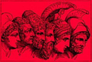 The Heroes of the Trojan War: Paris, Diomedes, Odysseus, Nestor, Achilles, Agamemnon, illustrasjon fra The Illustrated History of the World, utgitt ca. 1880 (digitalt forbedret bilde) av English School