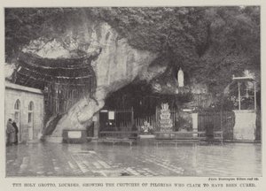 Den hellige grotte, Lourdes, som viser krykkene til pilegrimer som hevder å ha blitt helbredet (gravering) av English School