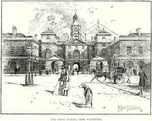 Hestevaktene, fra Whitehall (gravering) av English School