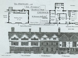 The Hostelry and The Stores, Bedford Park, Chiswick, fra The Building News, 1877 av English School