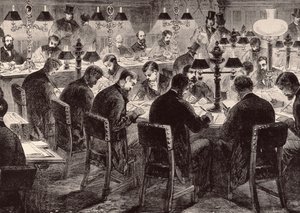 The House of Commons: The Reporter's Room, fra 'The Illustrated London News', 18. februar 1882 av English School