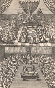 House of Lords og House of Commons under kong Charles I, ca. 1640 (fargetresnitt) av English School