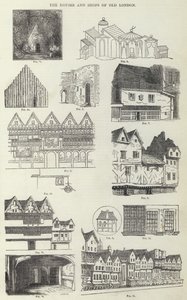 Husene og butikkene i Old London (gravering) av English School