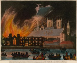 Houses of Lords and Commons slik de dukket opp i brann, 16. oktober 1834 av English School