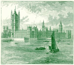 The Houses of Parliament og Westminster Abbey, illustrasjon fra The World as it Is av George Chisolm, utgitt 1885 (digitalt forbedret bilde) av English School