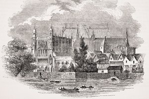 The Houses of Parliament fra elven på John Hampdens tid, fra 'Old England's Worthies' av Lord Brougham og andre, utgitt London, ca. 1880-tallet av English School