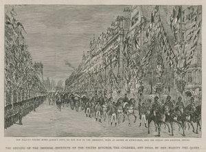 The Imperial Institute: Hennes Majestet passerer ned Queens Gate på vei til åpningsseremonien, med en eskorte av livvakter og de indiske og koloniale troppene av English School