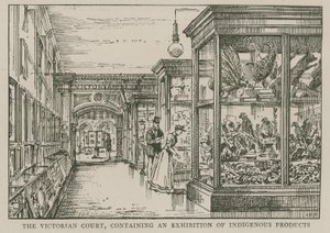 The Imperial Institute: The Victorian Court, som inneholder en utstilling av urfolksprodukter av English School