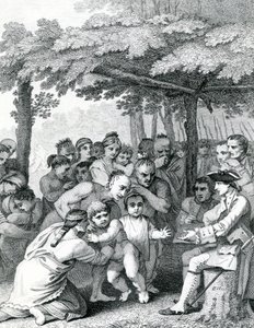 Indianerne leverer de engelske fangene til oberst Bouquet nær leiren hans ved Forks of Muskingham i Nord-Anerica, gravert av Canot, 1764 av English School